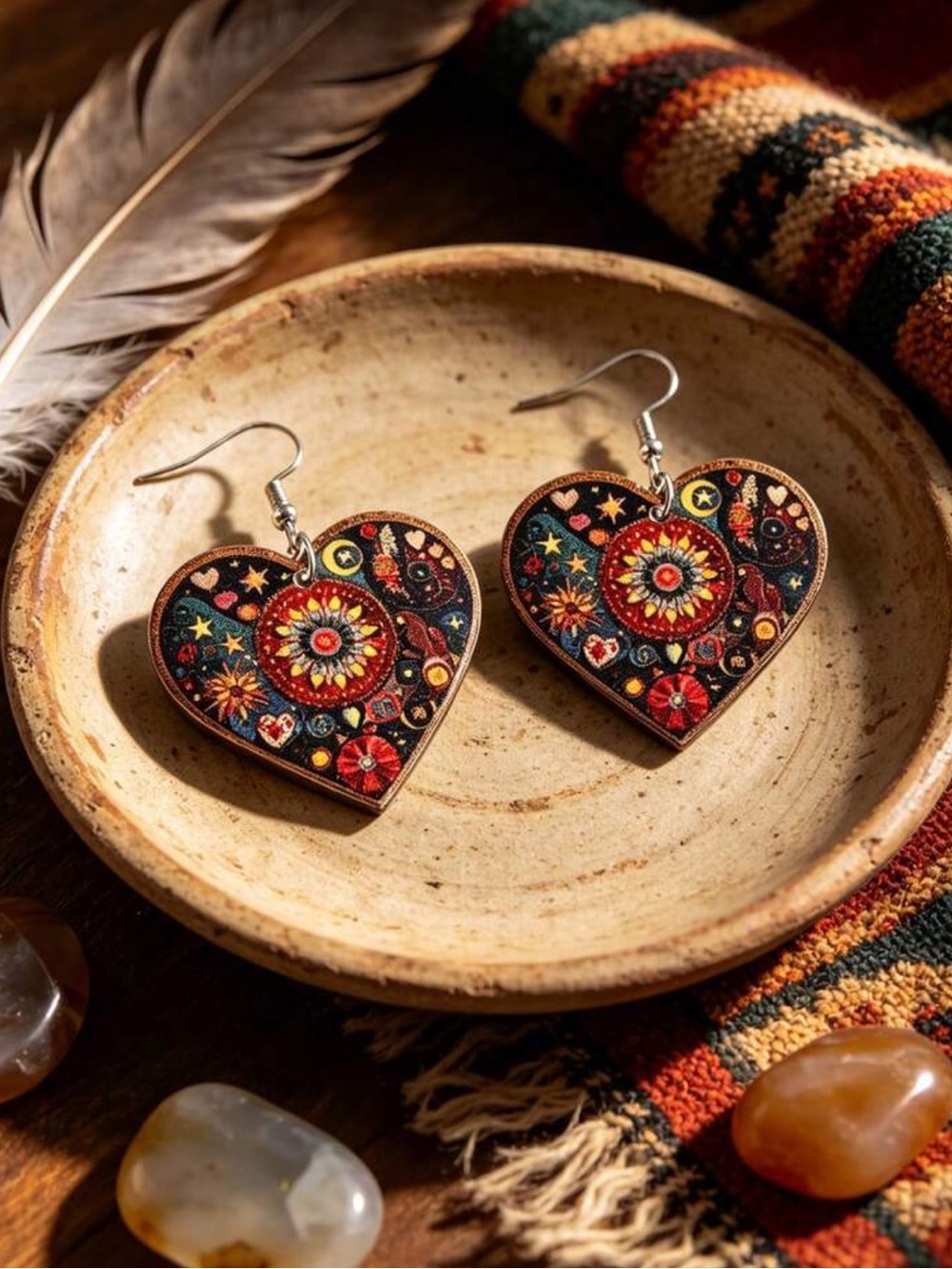Heart-Shaped Boho Floral Drop Earrings in Red and Gold